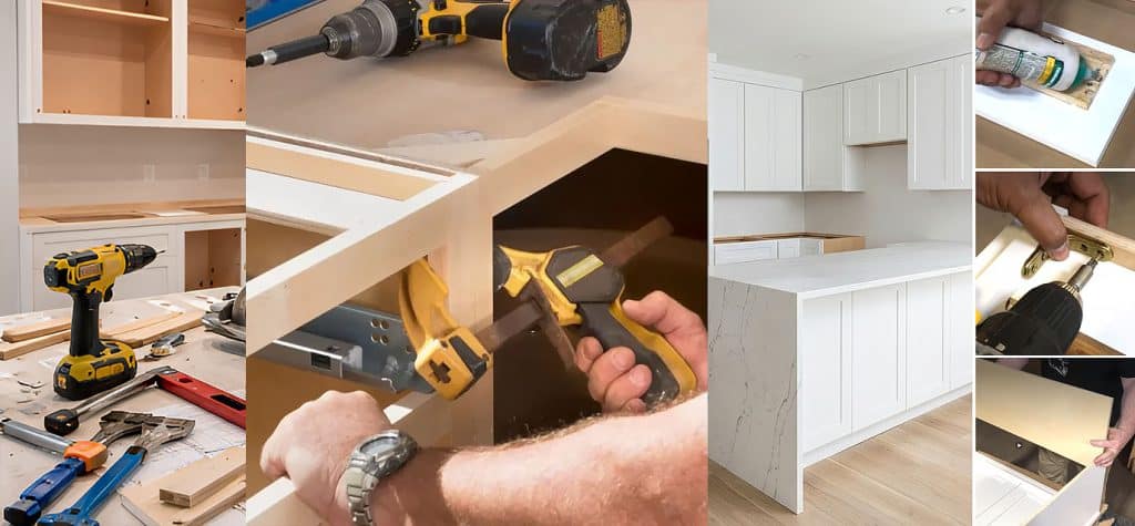 DIY kitchen cabinet assembly guide showing step-by-step professional techniques including precision gluing, corner clamping, and screw fastening for custom cabinets