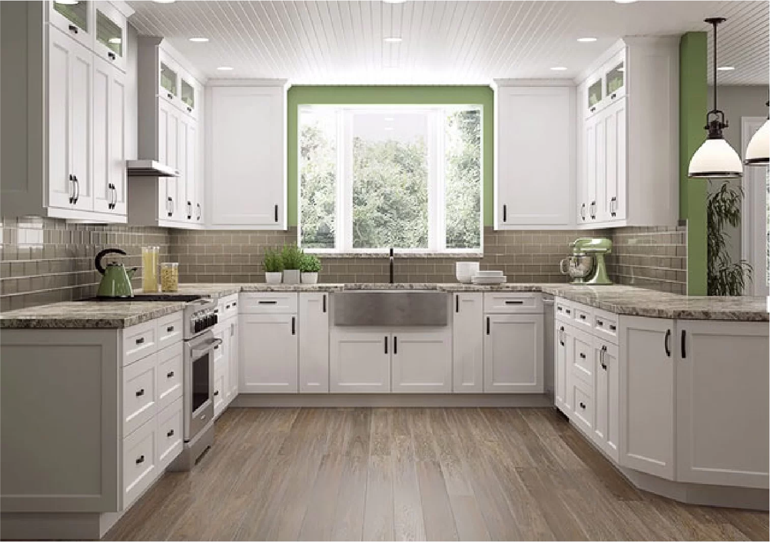 Beautifully designed white Shaker kitchen cabinets in a modern kitchen, highlighting in-stock availability for immediate pickup at Angliana Cabinets.